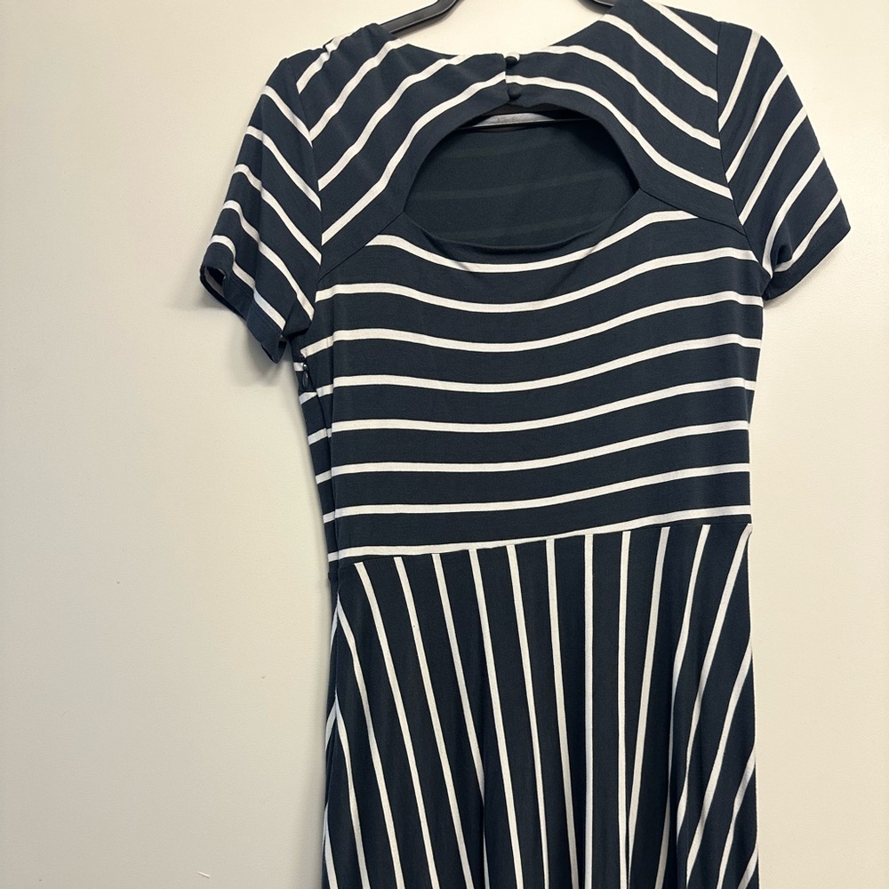 Grey and white striped Loft fit and flare dress